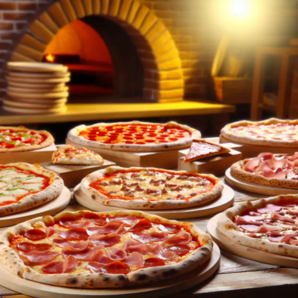 Klasszikus pizzák gondosan elrendezve, friss bazsalikommal és reszelt sajttal körülvéve.