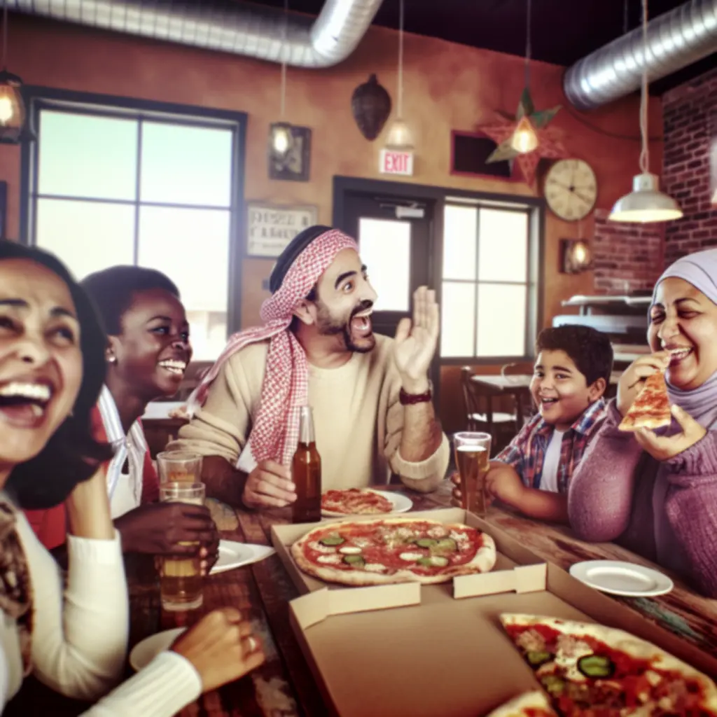 Családias, meleg hangulatú pizzéria belső tér, ahol vendégek barátságos légkörben vacsoráznak.