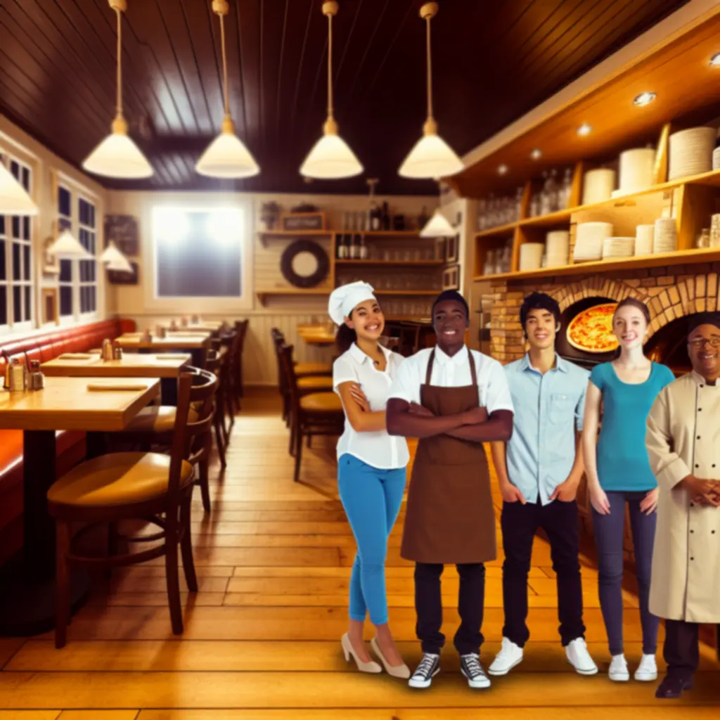 Meleg fényű, barátságos pizzéria belső tér mosolygós csapattal.