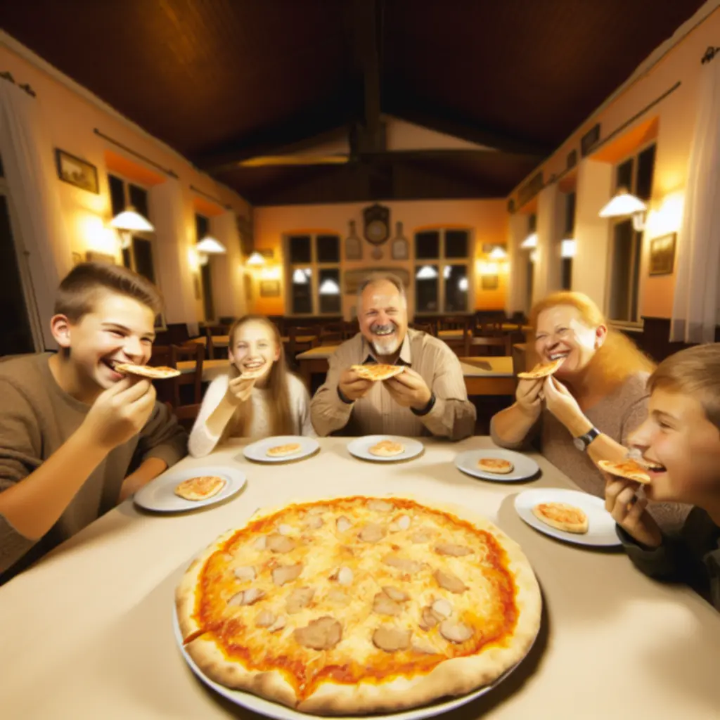 Mosolygó család pizzát eszik a Pizzahouse vendégasztalánál.