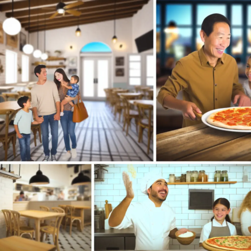 Meleg fényekkel megvilágított, családias pizzéria belső tér, ahol vendégek beszélgetnek