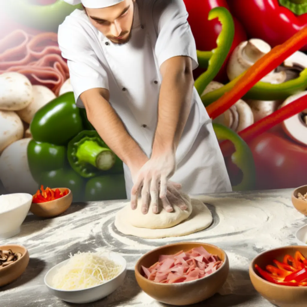 Pizzatészta nyújtása és friss feltétek előkészítése a Pizzahouse konyhájában.