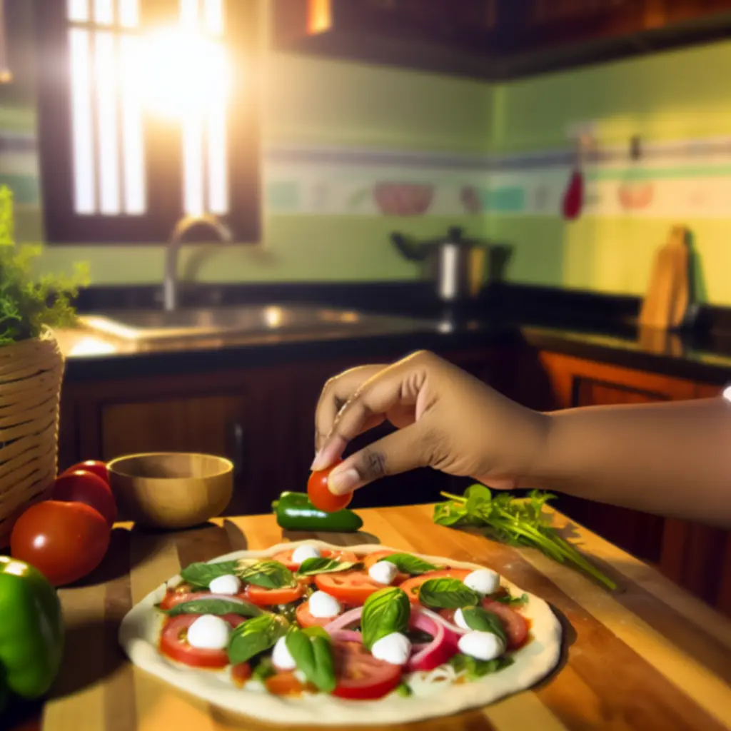 Friss pizzafeltétek és tészta előkészítve a konyhapulton