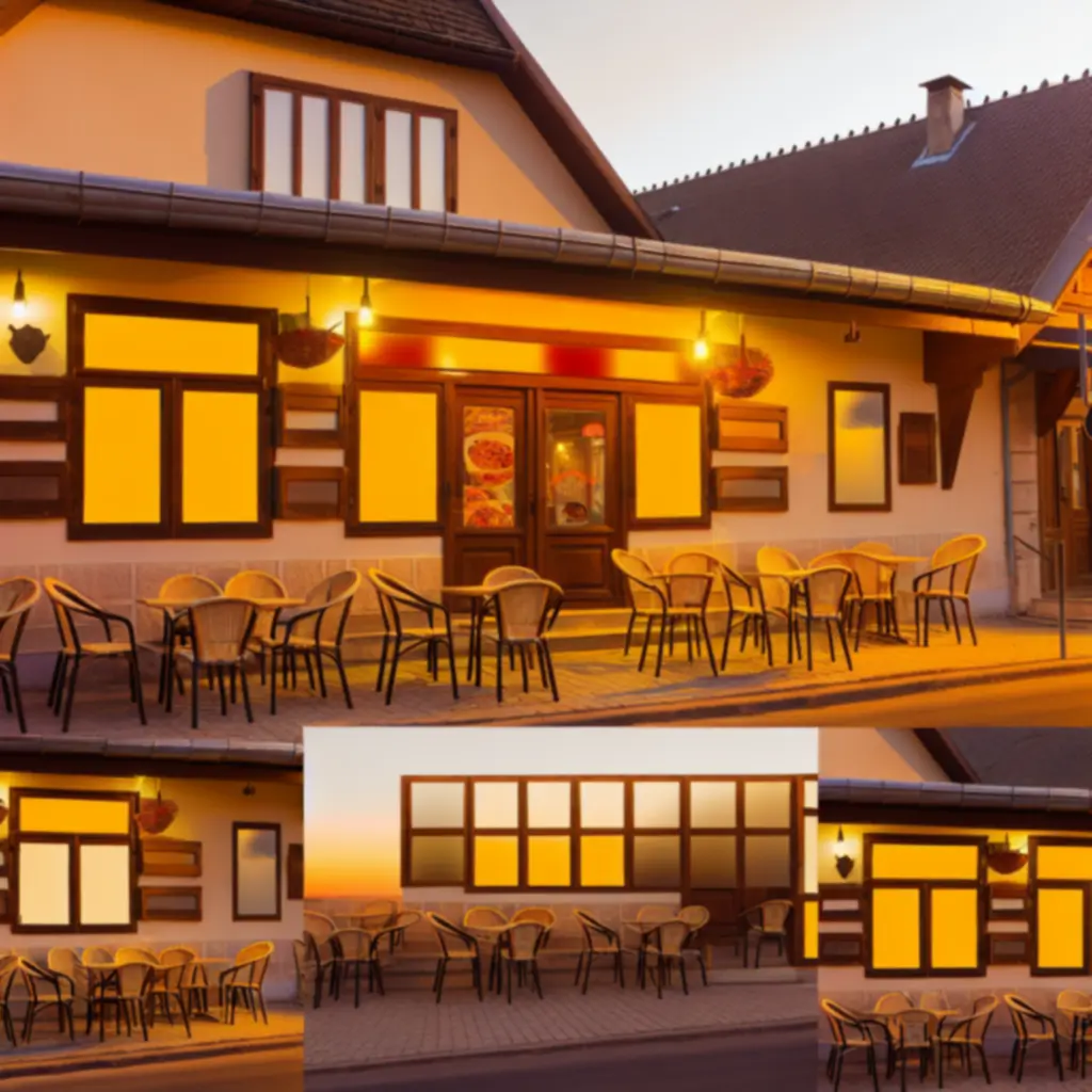 Pizzahouse külső nézete meleg fényekkel és vendégfogadó terasszal.