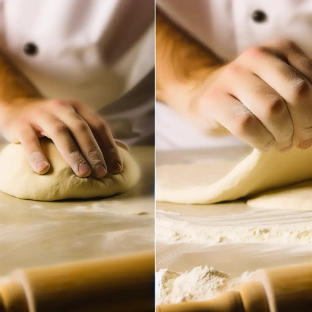 Kézzel formázott, frissen kelesztett pizzatészta lisztezett munkafelületen