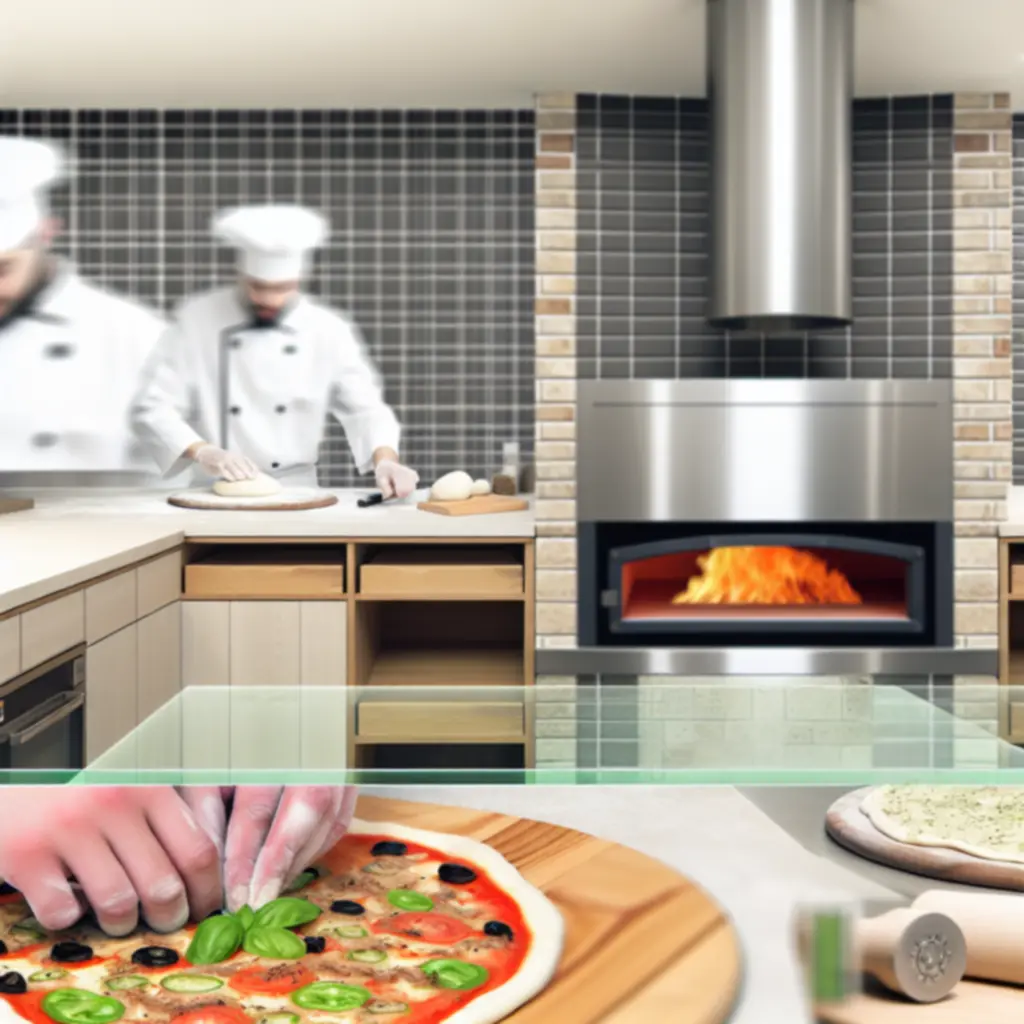 Félig nyitott pizzéria konyha, ahol a vendégek láthatják a pizza készítését