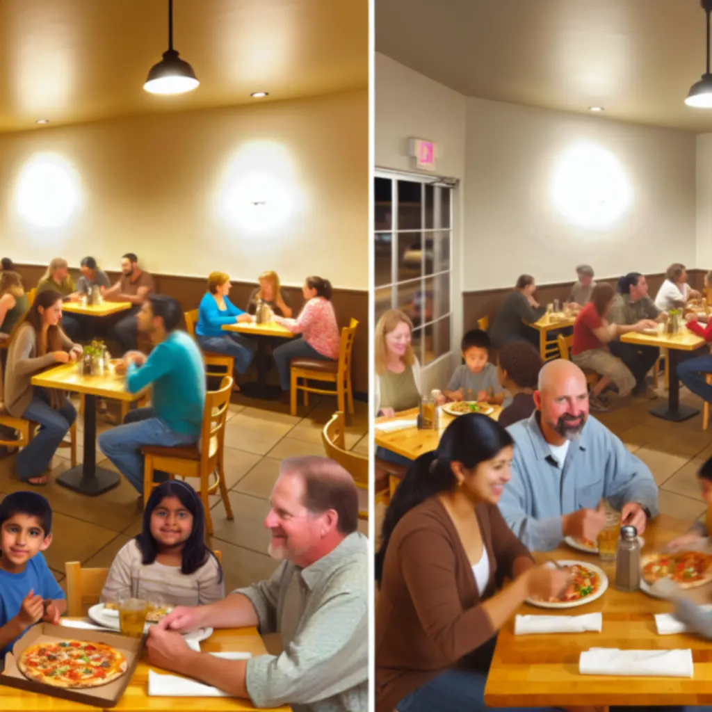 Barátságos, meleg fényű pizzéria belső tér vendégekkel