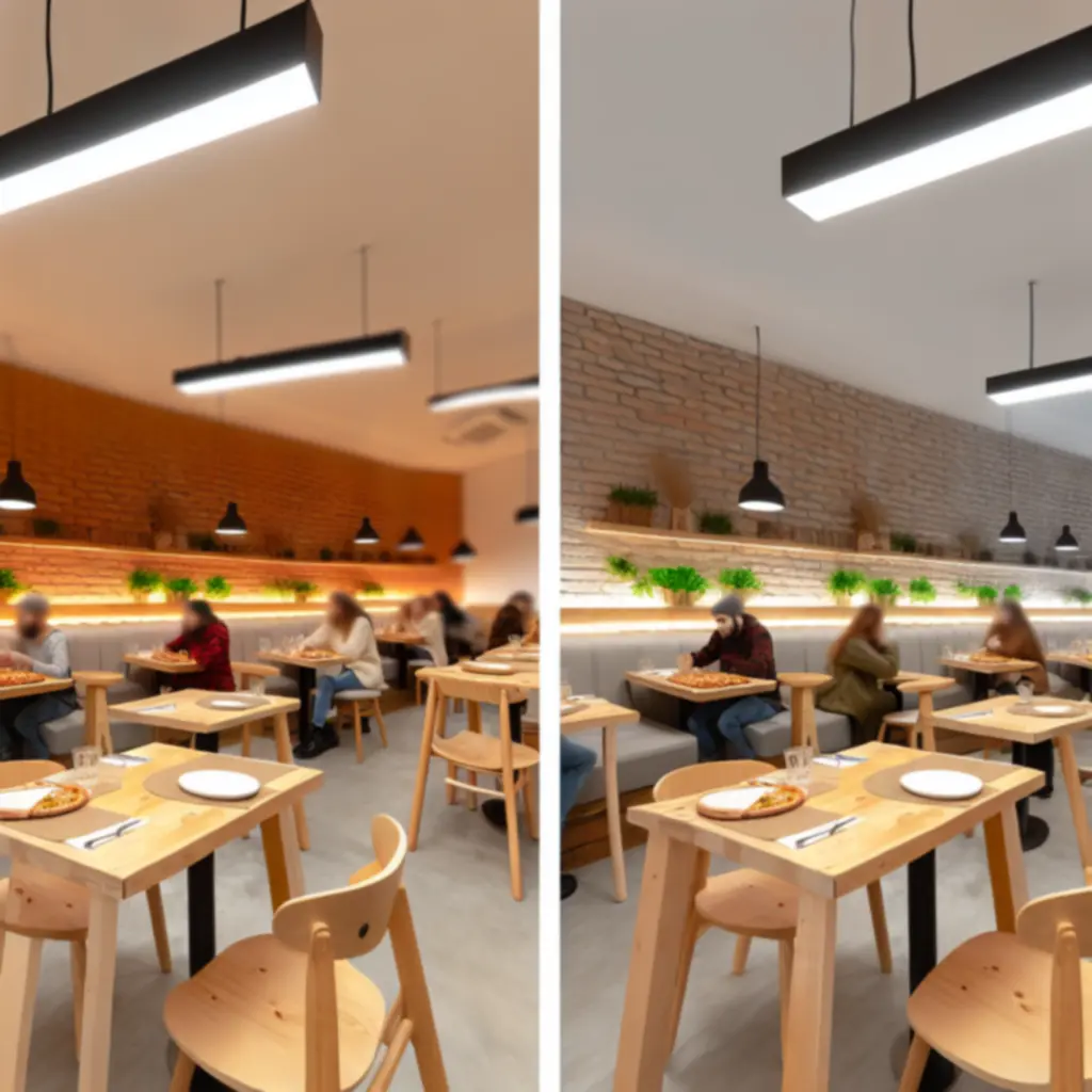 Meghitt, meleg fényekkel megvilágított pizzéria belső tér