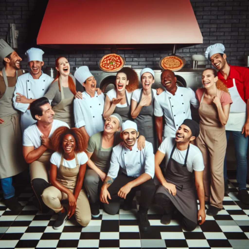 Mosolygós Pizzahouse csapat a pult mögött, pizzákkal a kézben