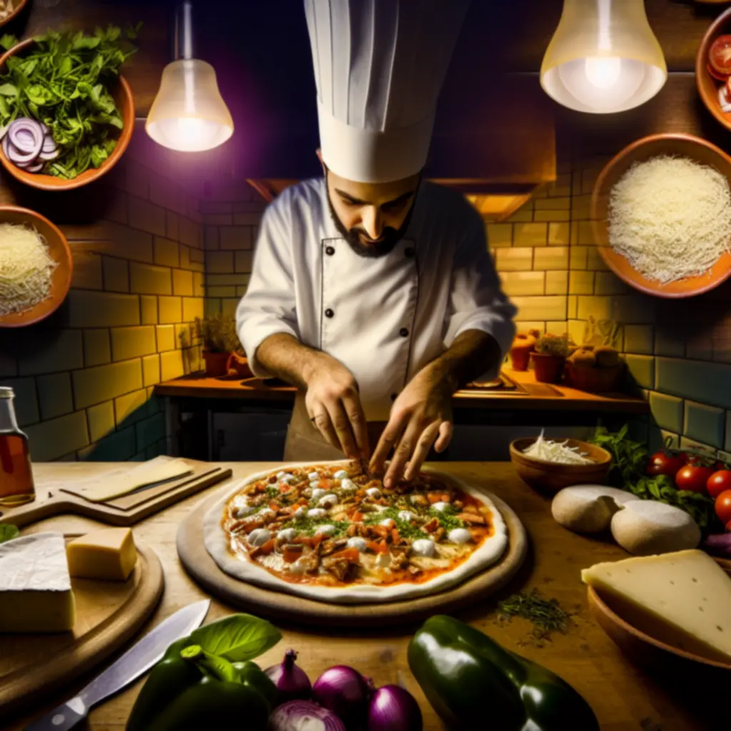 Szakács egyedi, kézműves pizzát készít friss, szezonális feltétekkel a Pizzahouse konyhájában.