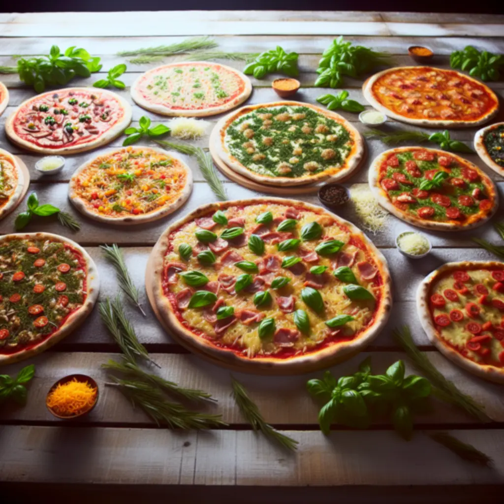 Válogatott pizzák rusztikus faasztalon, friss feltétekkel és mártásokkal.
