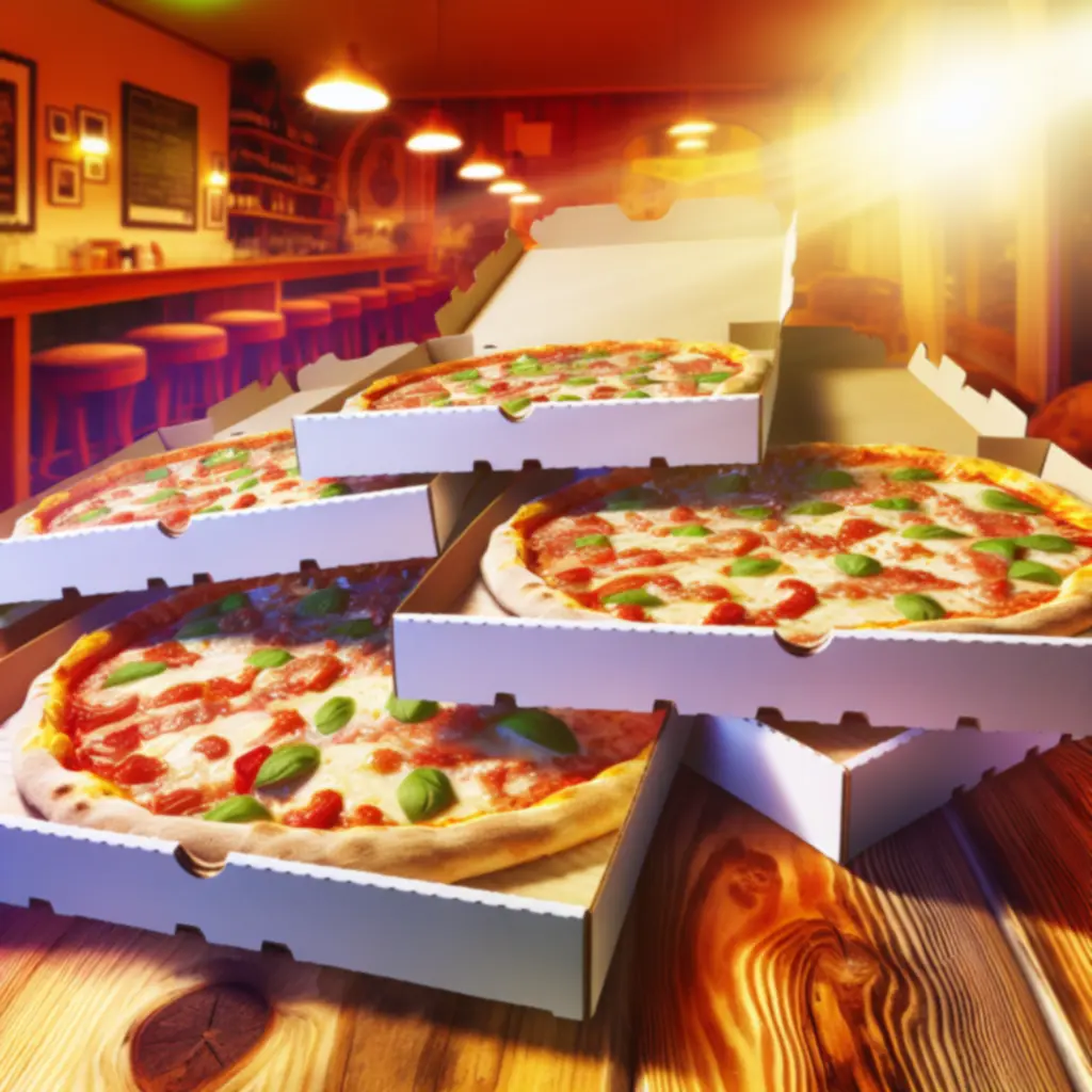 Frissen sült pizzák elviteles dobozokban a Pizzahouse pultján