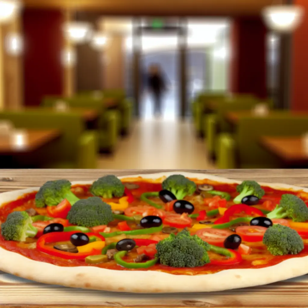 Színes zöldségekkel gazdagon megpakolt vegetáriánus pizza